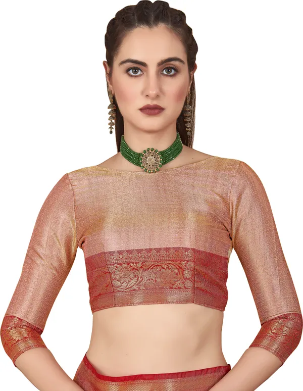 Peach_Banarasi_Silk_Jacquard_Golden_Zari_Butta_Motif_Woven_Saree_For_Women_|_With_Blouse_Piece
