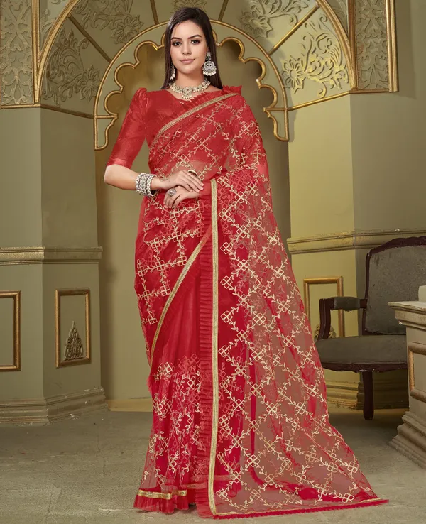 Red_Net_Embroidered_Gotta_Patti_Saree_For_Women_|_With_Blouse_Piece