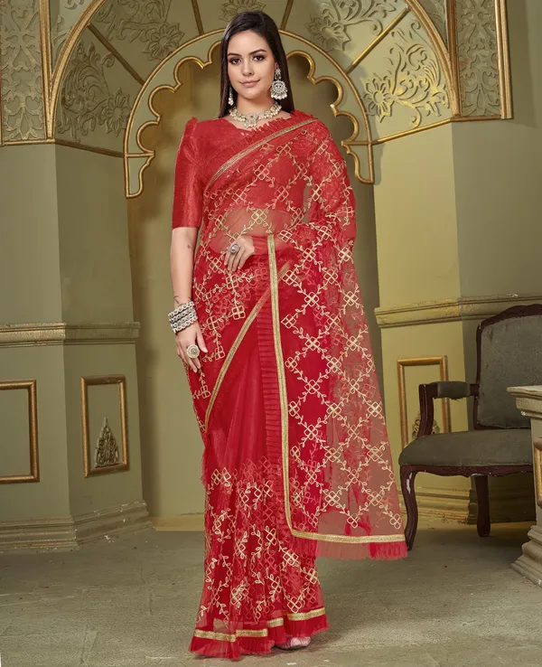Red_Net_Embroidered_Gotta_Patti_Saree_For_Women_|_With_Blouse_Piece