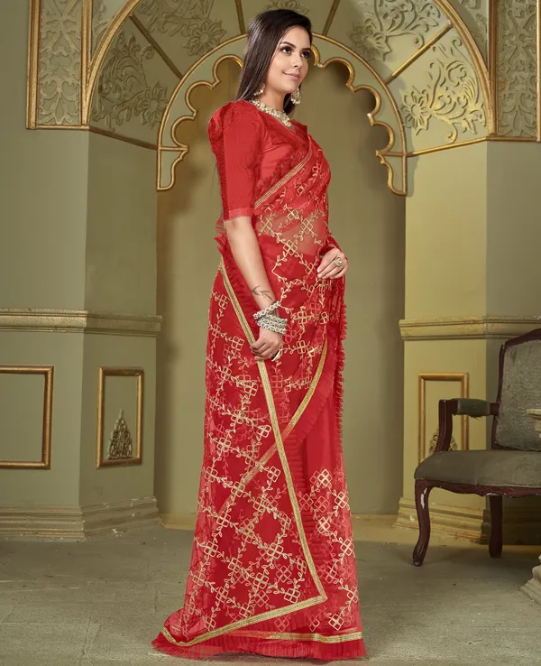 Red_Net_Embroidered_Gotta_Patti_Saree_For_Women_|_With_Blouse_Piece