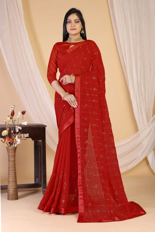 Red_Chiffon_Embroidered_Sequin_Saree_For_Women_|_With_Blouse_Piece