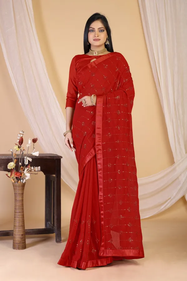 Red_Chiffon_Embroidered_Sequin_Saree_For_Women_|_With_Blouse_Piece