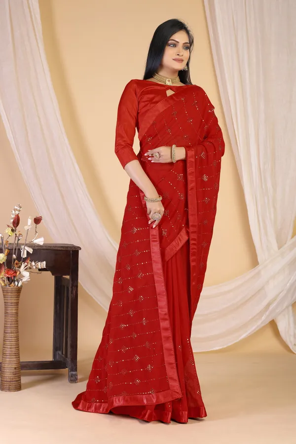 Red_Chiffon_Embroidered_Sequin_Saree_For_Women_|_With_Blouse_Piece