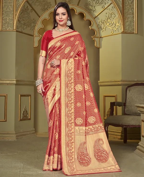 Red_Banarasi_Silk_Blend_Jacquard_Kalamkari_Woven_Saree_For_Women_|_With_Blouse_Piece