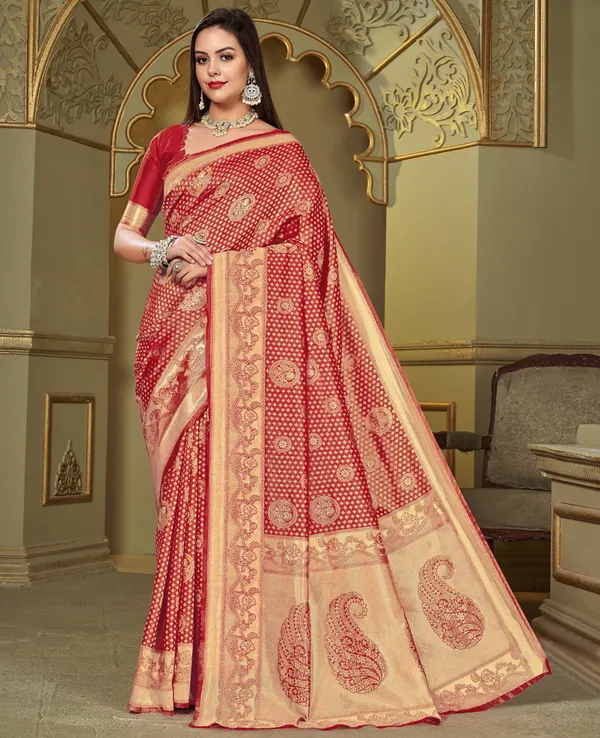 Red_Banarasi_Silk_Blend_Jacquard_Kalamkari_Woven_Saree_For_Women_|_With_Blouse_Piece