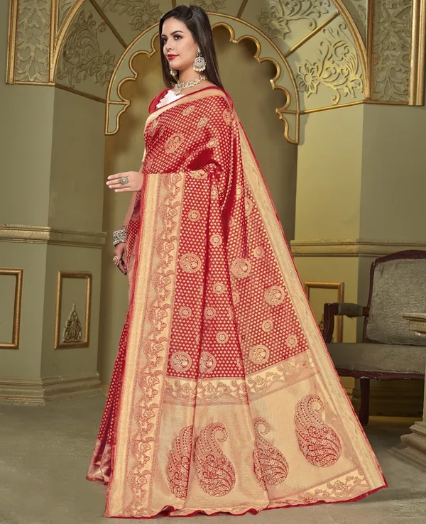 Red_Banarasi_Silk_Blend_Jacquard_Kalamkari_Woven_Saree_For_Women_|_With_Blouse_Piece