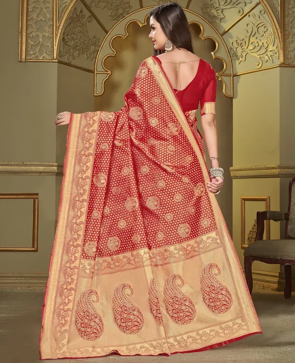 Red_Banarasi_Silk_Blend_Jacquard_Kalamkari_Woven_Saree_For_Women_|_With_Blouse_Piece