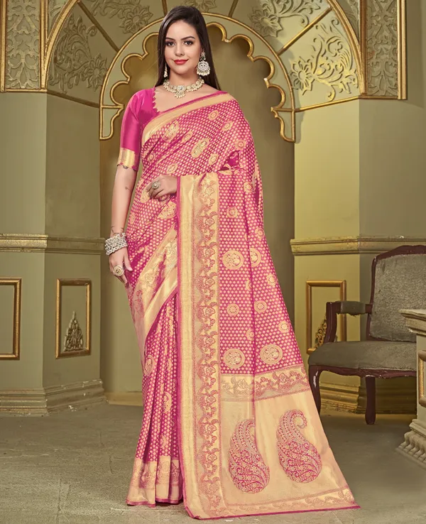 Pink_Silk_Blend_Jacquard_Banarasi_Kalamkari_Woven_Saree_For_Women_|_With_Blouse_Piece