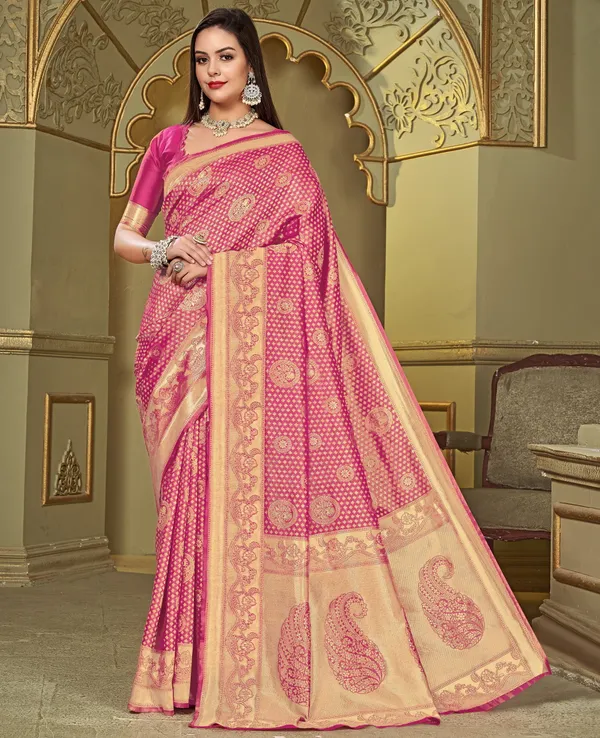 Pink_Silk_Blend_Jacquard_Banarasi_Kalamkari_Woven_Saree_For_Women_|_With_Blouse_Piece