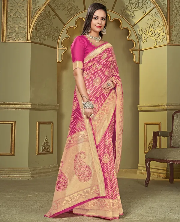Pink_Silk_Blend_Jacquard_Banarasi_Kalamkari_Woven_Saree_For_Women_|_With_Blouse_Piece