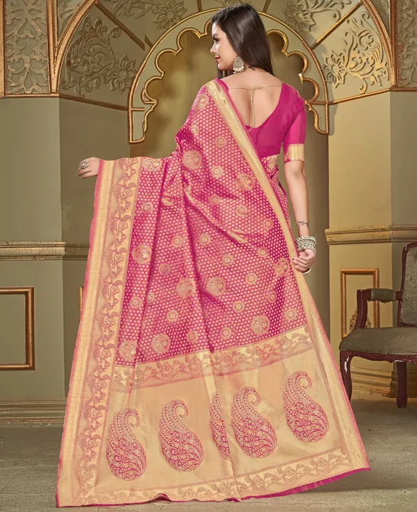 Pink_Silk_Blend_Jacquard_Banarasi_Kalamkari_Woven_Saree_For_Women_|_With_Blouse_Piece