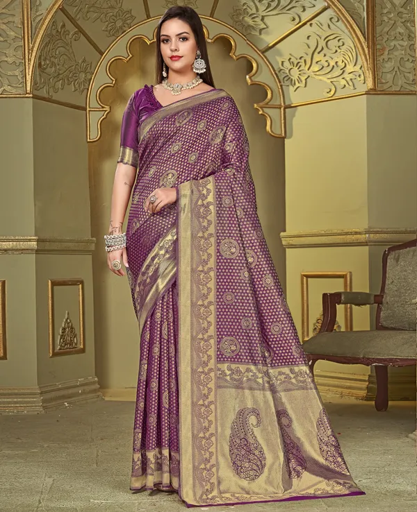 Magenta_Silk_Blend_Jacquard_Banarasi_Kalamkari_Woven_Saree_For_Women_|_With_Blouse_Piece