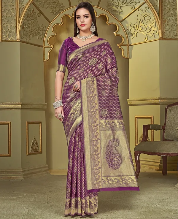 Magenta_Silk_Blend_Jacquard_Banarasi_Kalamkari_Woven_Saree_For_Women_|_With_Blouse_Piece