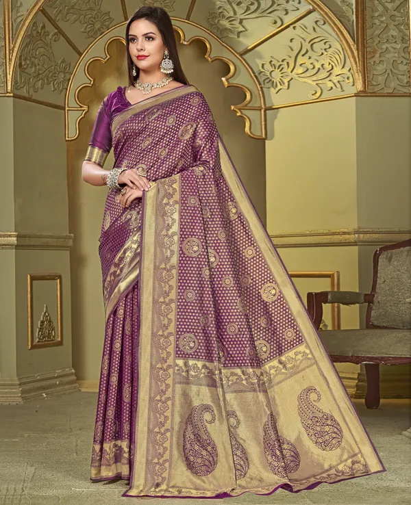 Magenta_Silk_Blend_Jacquard_Banarasi_Kalamkari_Woven_Saree_For_Women_|_With_Blouse_Piece