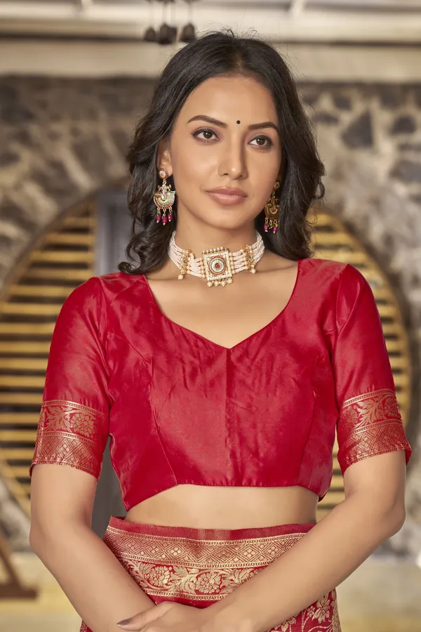 Red_Georgette_Woven_Jacquard_Banarasi_Saree_For_Women_|_With_Blouse_Piece