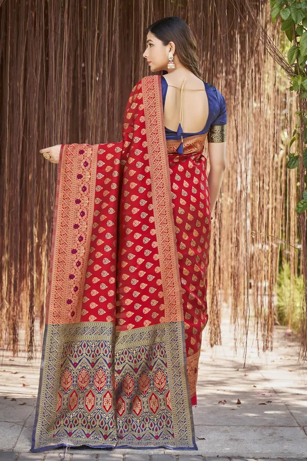 Red_Banarasi_Silk_Jacquard_Golden_Zari_Woven_Saree_For_Women_|_With_Blouse_Piece