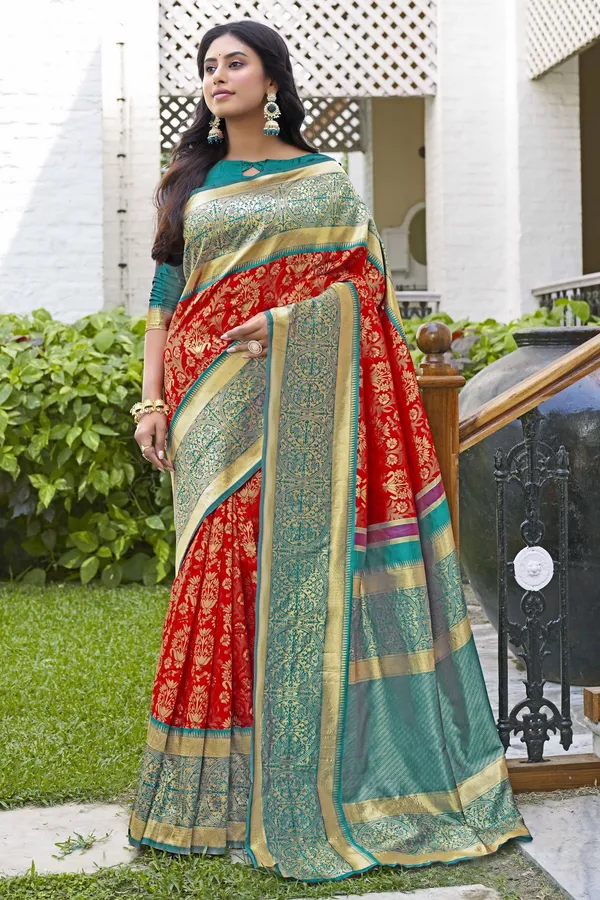 Red_Georgette_Banarasi_Jacquard_Woven_Saree_For_Women_|_With_Blouse_Piece