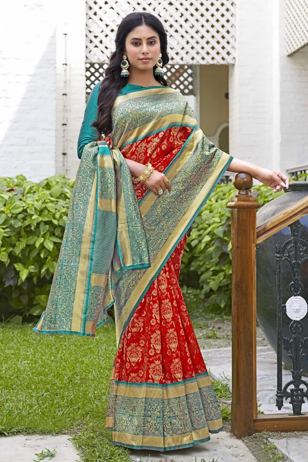 Red_Georgette_Banarasi_Jacquard_Woven_Saree_For_Women_|_With_Blouse_Piece