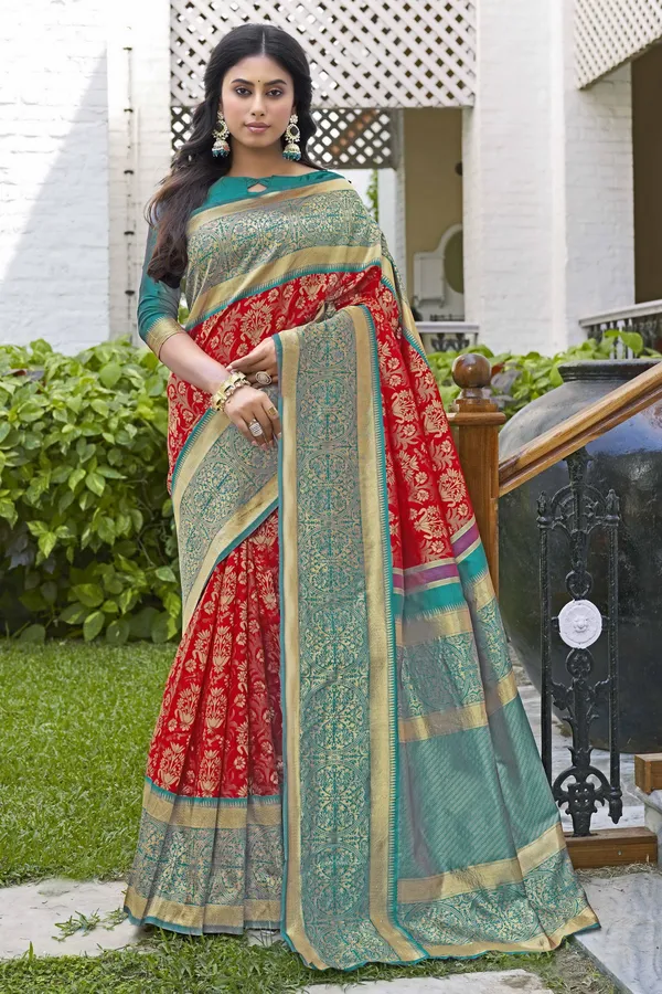 Red_Georgette_Banarasi_Jacquard_Woven_Saree_For_Women_|_With_Blouse_Piece