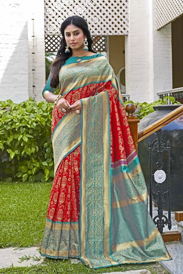 Red_Georgette_Banarasi_Jacquard_Woven_Saree_For_Women_|_With_Blouse_Piece