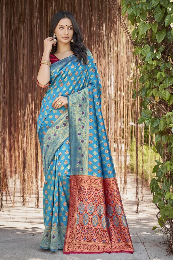 Light_Blue_Georgette_Woven_Jacquard_Zari_Saree_For_Women_|_With_Blouse_Piece
