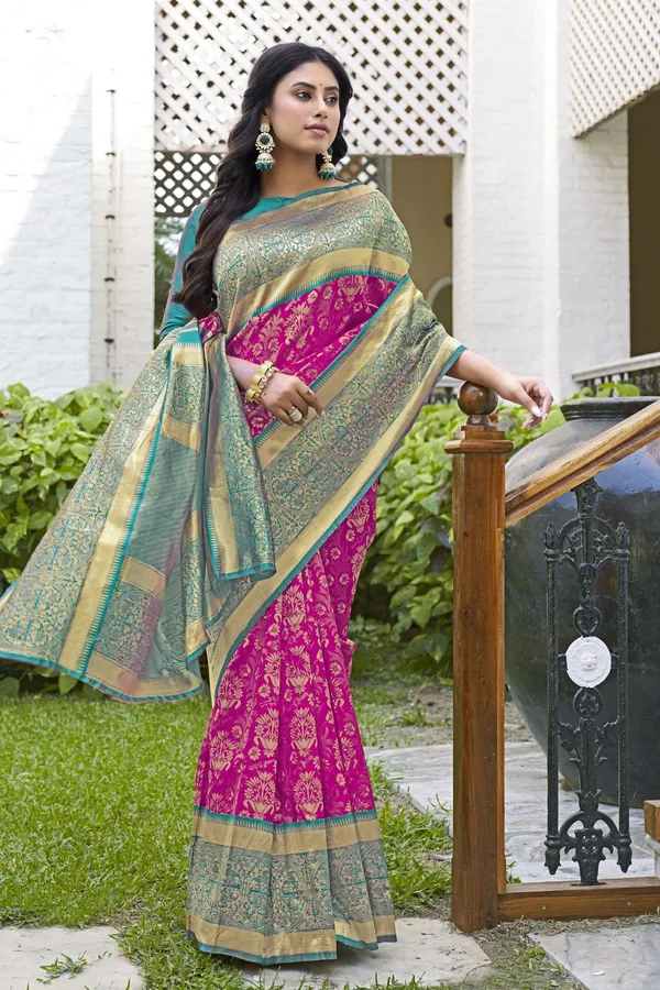Rani_Pink_Banarasi_Silk_Blend_Jacquard_Woven_Saree_For_Women_|_With_Blouse_Piece