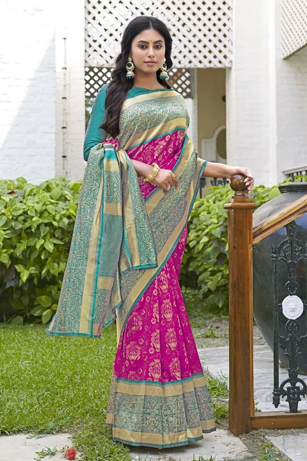 Rani_Pink_Banarasi_Silk_Blend_Jacquard_Woven_Saree_For_Women_|_With_Blouse_Piece