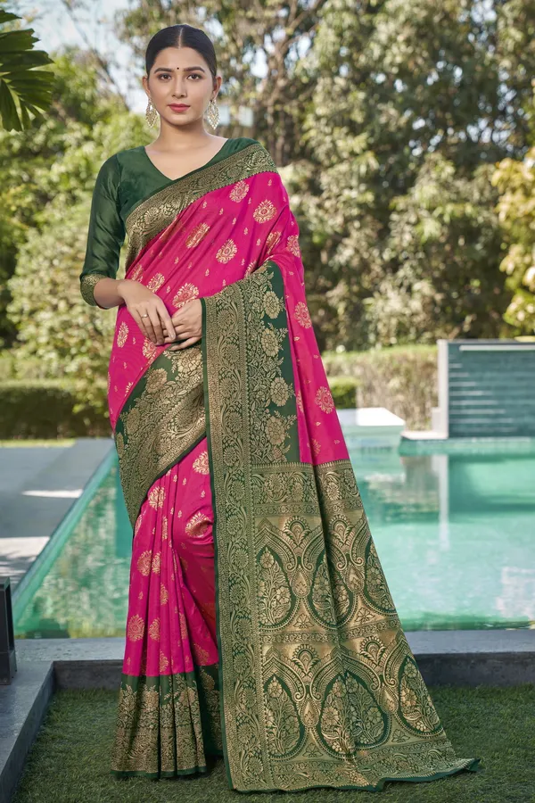 Rani_Pink_Banarasi_Silk_Jacquard_Golden_Zari_Woven_Saree_For_Women_|_With_Blouse_Piece