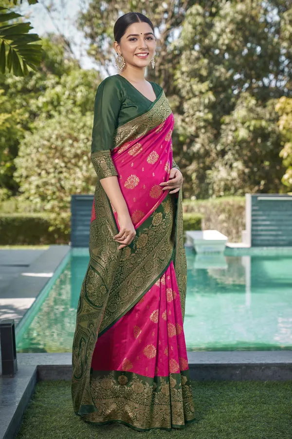 Rani_Pink_Banarasi_Silk_Jacquard_Golden_Zari_Woven_Saree_For_Women_|_With_Blouse_Piece