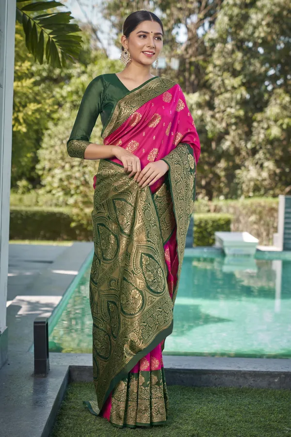 Rani_Pink_Banarasi_Silk_Jacquard_Golden_Zari_Woven_Saree_For_Women_|_With_Blouse_Piece