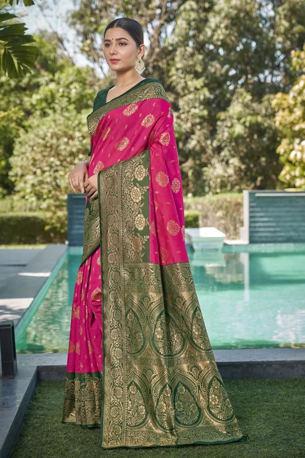 Rani_Pink_Banarasi_Silk_Jacquard_Golden_Zari_Woven_Saree_For_Women_|_With_Blouse_Piece