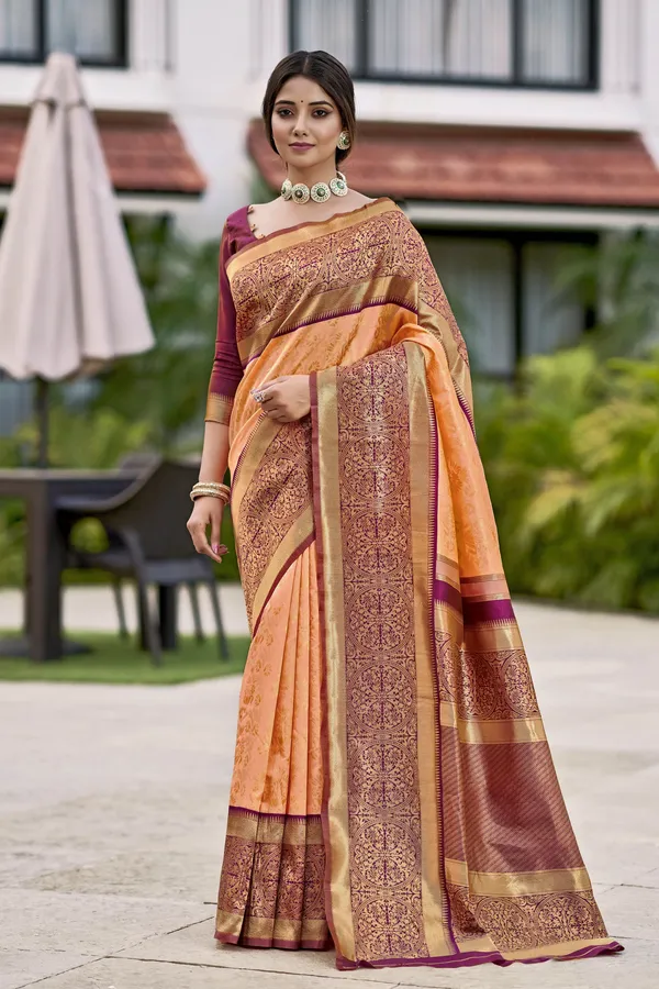 Peach_Banarasi_Silk_Blend_Jacquard_Woven_Saree_For_Women_|_With_Blouse_Piece