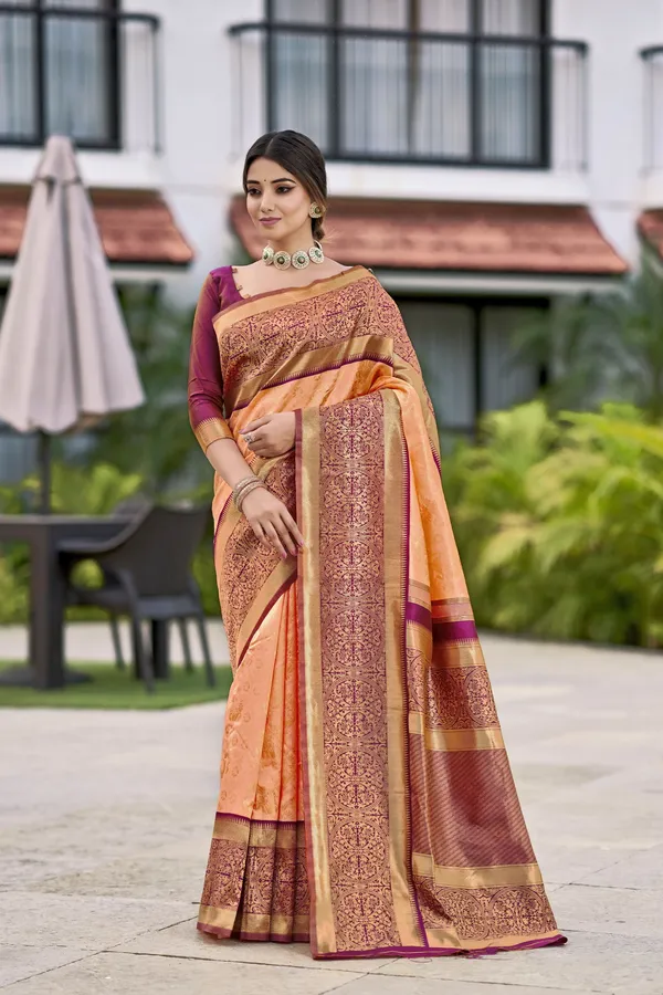 Peach_Banarasi_Silk_Blend_Jacquard_Woven_Saree_For_Women_|_With_Blouse_Piece