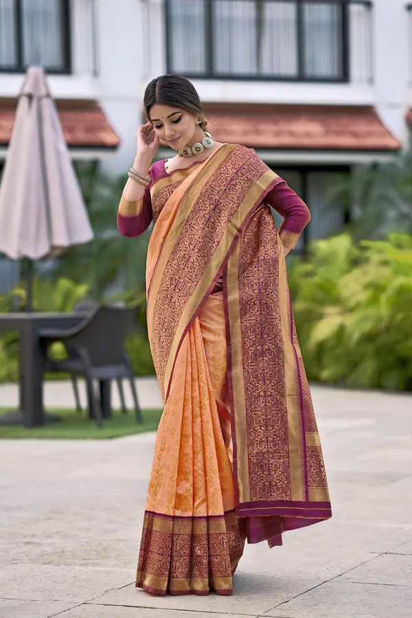 Peach_Banarasi_Silk_Blend_Jacquard_Woven_Saree_For_Women_|_With_Blouse_Piece