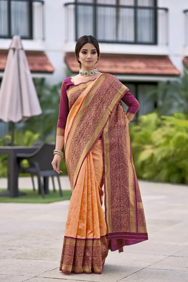 Peach_Banarasi_Silk_Blend_Jacquard_Woven_Saree_For_Women_|_With_Blouse_Piece