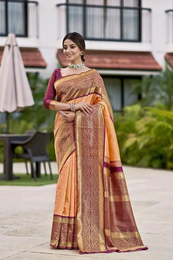 Peach_Banarasi_Silk_Blend_Jacquard_Woven_Saree_For_Women_|_With_Blouse_Piece