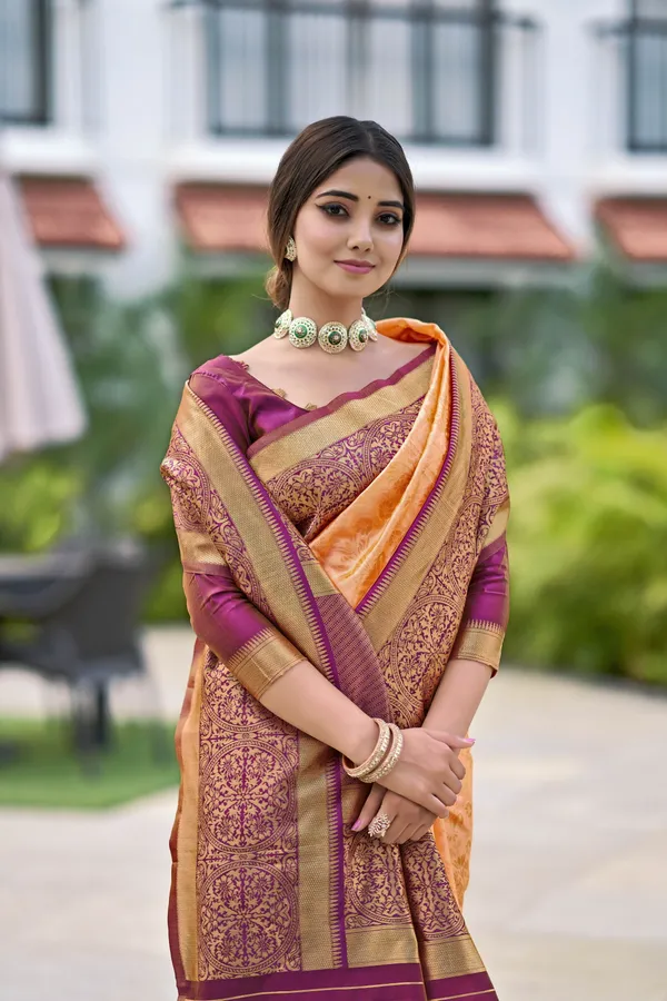 Peach_Banarasi_Silk_Blend_Jacquard_Woven_Saree_For_Women_|_With_Blouse_Piece