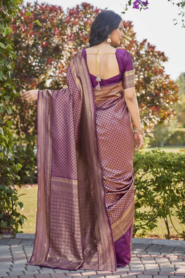 Wine_Banarasi_Silk_Blend_Jacquard_Woven_Zari_Saree_For_Women_|_With_Blouse_Piece