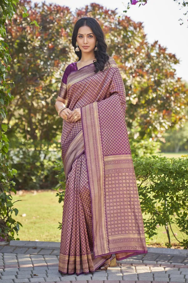 Wine_Banarasi_Silk_Blend_Jacquard_Woven_Zari_Saree_For_Women_|_With_Blouse_Piece