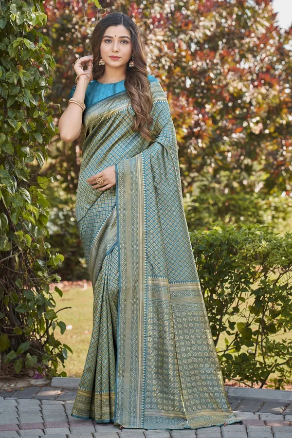 Light_Blue_Banarasi_Silk_Blend_Jacquard_Woven_Saree_For_Women_|_With_Blouse_Piece