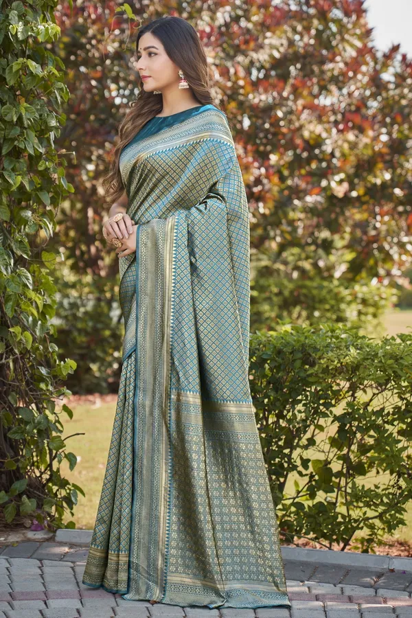 Light_Blue_Banarasi_Silk_Blend_Jacquard_Woven_Saree_For_Women_|_With_Blouse_Piece