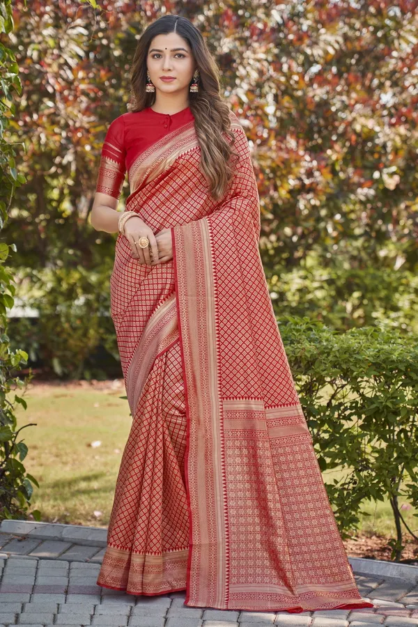 Red_Banarasi_Silk_Blend_Jacquard_Zari_Woven_Saree_For_Women_|_With_Blouse_Piece
