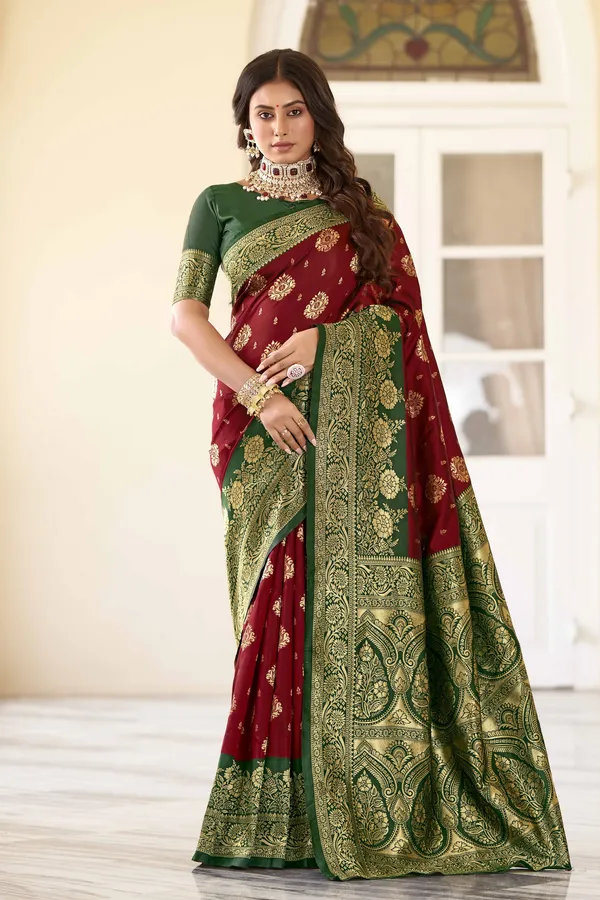 Maroon_Georgette_Kanjivaram_Jacquard_Woven_Zari_Saree_For_Women_|_With_Blouse_Piece