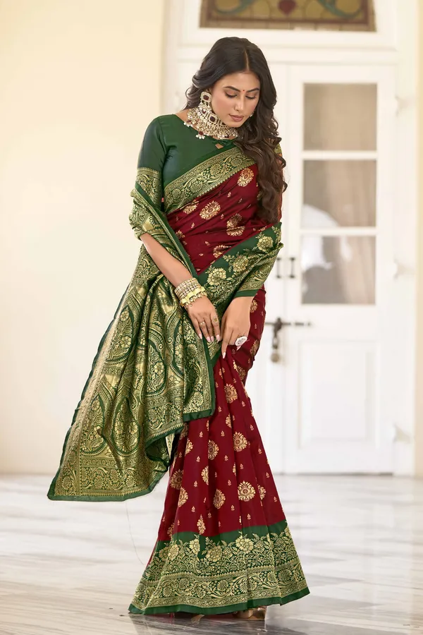 Maroon_Georgette_Kanjivaram_Jacquard_Woven_Zari_Saree_For_Women_|_With_Blouse_Piece