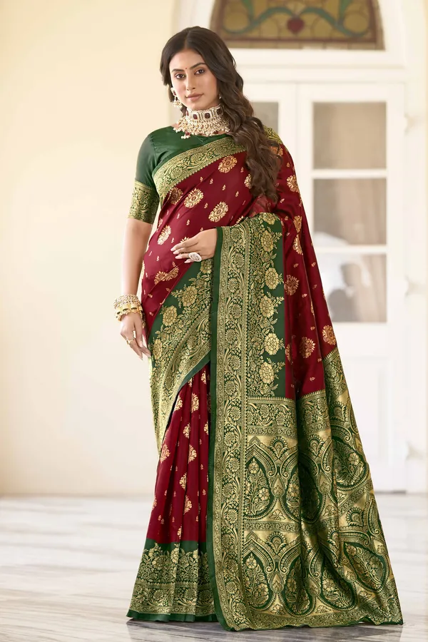 Maroon_Georgette_Kanjivaram_Jacquard_Woven_Zari_Saree_For_Women_|_With_Blouse_Piece