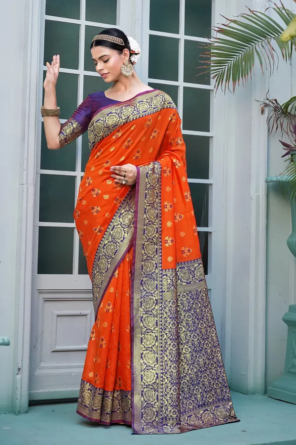 Sariya_Orange_Banarasi_Jacquard_Woven_Contrast_Pallu_Saree_For_Women_|_With_Blouse_Piece