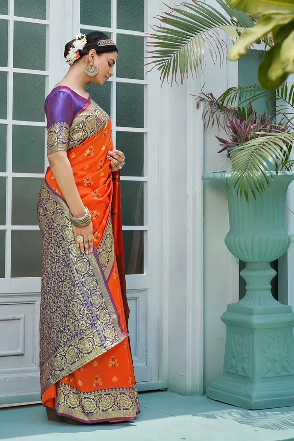 Sariya_Orange_Banarasi_Jacquard_Woven_Contrast_Pallu_Saree_For_Women_|_With_Blouse_Piece