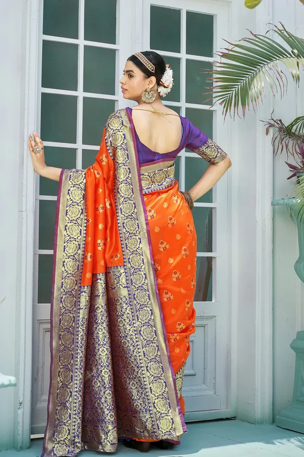 Sariya_Orange_Banarasi_Jacquard_Woven_Contrast_Pallu_Saree_For_Women_|_With_Blouse_Piece