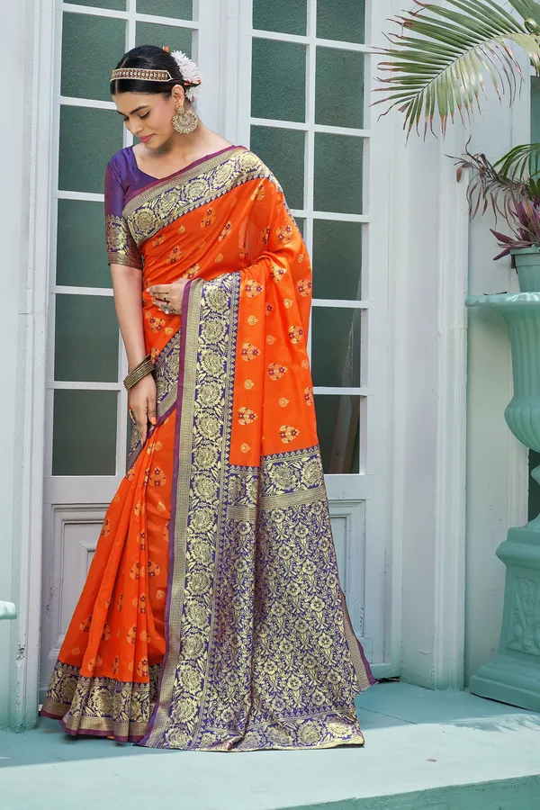 Sariya_Orange_Banarasi_Jacquard_Woven_Contrast_Pallu_Saree_For_Women_|_With_Blouse_Piece