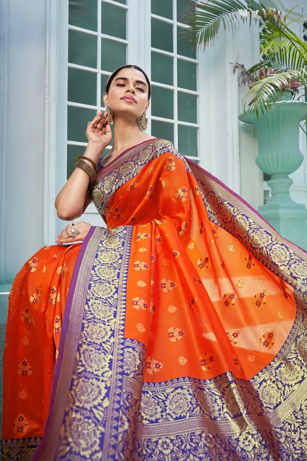Sariya_Orange_Banarasi_Jacquard_Woven_Contrast_Pallu_Saree_For_Women_|_With_Blouse_Piece